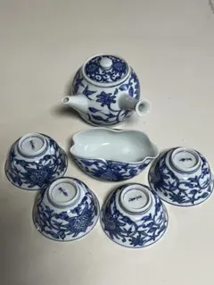 村田亀水 染付 煎茶器セット 急須 湯呑5客 在銘 茶道具 煎茶道具 茶器