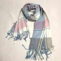 チェック柄ストール　マフラー　 青 ピンク グレー