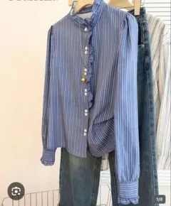 SHEIN ストライプ フリル 長袖ブラウス ブルー
