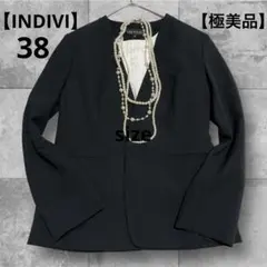 極美品【INDIVI】インディヴィ　ブラック 洗える　ノーカラージャケット 38