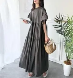 シンプル ゆったり ロングワンピース 大人気 通勤 大きいサイズ フリル袖 灰