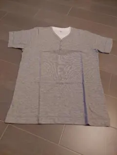 16★重ね着風 フェイクレイヤード ヘンリーネック Tシャツ グレー L