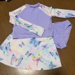 紫色 蝶デザイン ラッシュガード スカートセット　3点セット
