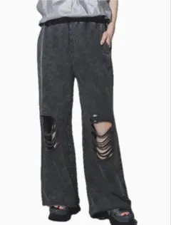 ジーナシス　グレー ダメージ加工 ワイドパンツJS050961CF