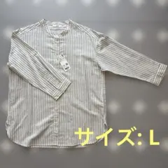 UNIQLO リネンブレンドストライプバンドカラーシャツ/7分袖 Lサイズ