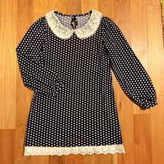 【ワンピース】長袖 ドット水玉 レース ネイビー ガーリー かわいい 春秋冬