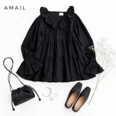 @【F】AMAIL フリルティアードチュニックブラウス ドレスワンピース黒のサムネイル