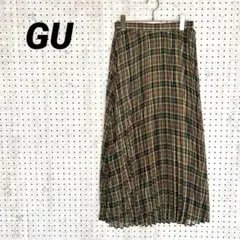 GU チェック柄プリーツスカート ロング丈 ブラウン系（L）ウエストゴム