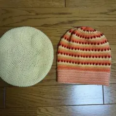 オレンジ系ストライプニット帽子