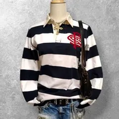 ネイビー白ボーダー ラガーシャツ 長袖ポロ ワッペン10 バックロゴ刺繍 Y2K