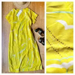 セール！ 新品！ エボニーアイボリー ロングワンピ プリーツ袖 総柄 黄