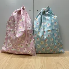 ピンク 水色 シマエナガ【大きめ片ひも体操着袋】w35×40cm女子小学校幼稚園