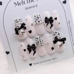 【サイズオーダー可】ネイルチップ フレンチガーリー スナ系 ツイード 黒 リボン