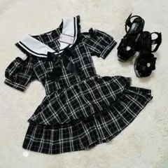 【新品未使用】セーラー風 地雷系 量産 チェック セットアップ ブラック L
