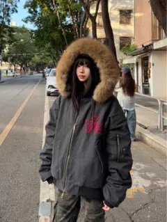 y2k 迷彩柄ファー付きダウンジャケット 韓国 flight jacket