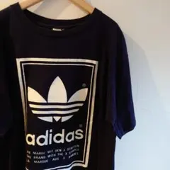 adidas ネイビー トレフォイルロゴプリント Tシャツ L相当
