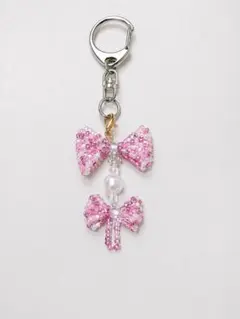 ピンク　リボン　ビーズ　 キーホルダー　チャーム ハンドメイド