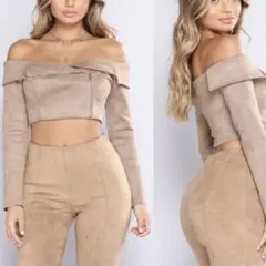 ◆FASHION NOVA◆スエード ライダース風 オフショルダー トップス★S