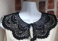 20番レース つけ襟 黒　スカラップ　花モチーフ　ハンドメイド　手編み