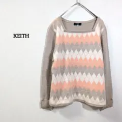 KEITH アーガイル柄　長袖ニット セーター　ベージュ×ピンク ウールのサムネイル