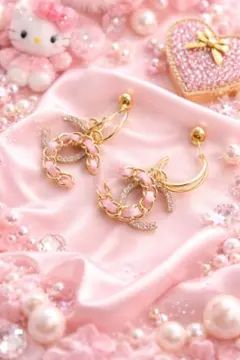 新品CHANELピンクチェーン×ゴールドピアスフープピアス チェーンモチーフCC