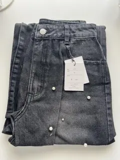 GRLブラックデニムパンツ パール装飾 ワイドレッグ