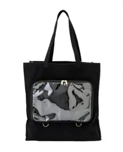 ビッグクリアポケット付きトートバッグ／推し活　ブラック　黒