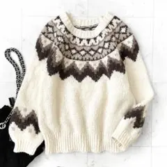 美品 レイビームス ノルディック ジャガード ウール クルーネック ニット