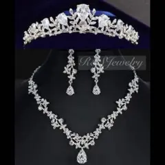 高品質ジルコニアリーフティアラ＆ネックレスイヤリングピアスセットブライダル結婚式