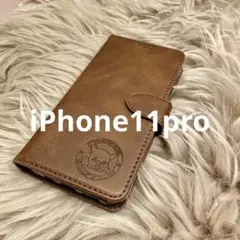 iPhone11pro 手帳型スマホケース　レザー　茶　フレブル　犬　シンプル