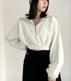 Heather　ヘザーホワイト　ハーフジップ クロップド　スウェット