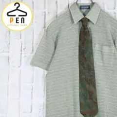 【レトロ古着】ネクタイシャツ リネン使用 ハーフアップ くすみカラー グリーン