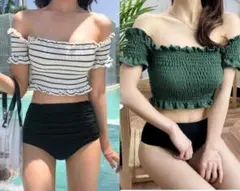 水着 ビキニ タンキニ オフショルダー  セパレート フリル シャーリング