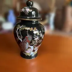 黒地 金彩 花鳥柄 蓋付き壺 陶器 花瓶 飾り壺 和風 アンティーク インテリア