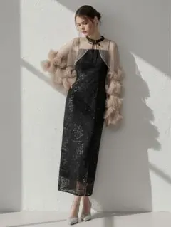 フリルチュールスリーブリボンIラインワンピースドレス結婚式二次会成人式パーティー