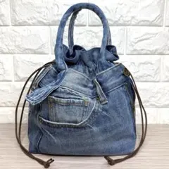 デニムリメイク　巾着トートバッグ　少し横長タイプ　ブルー