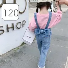 韓国子供服 デニムサロペット リボン 女の子 120 オーバーオール