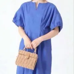 シンプリシテ 半袖ロングワンピース パフスリーブワンピース 青 麻 綿