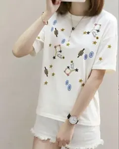 girly doll （ガ-リ-ド-ル）星座刺繍 半袖Tシャツ ホワイト Sのサムネイル