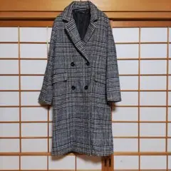 美品グレンチェック柄 ダブルブレスト チェスターコート ロングコート Mサイズ