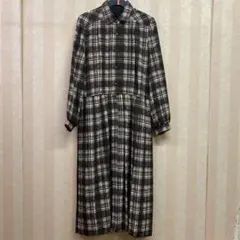 チェック柄 長袖ひざ丈ワンピース 茶