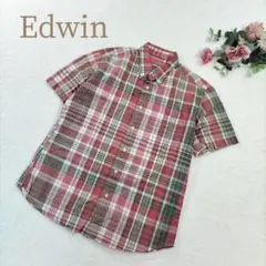 【エドウィン】メンズ 半袖 チェックシャツ 赤系 サイズM