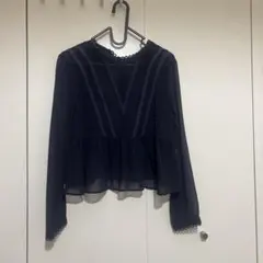 ネイビー シフォン フリル 長袖ブラウス