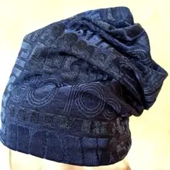 ダークブルー テキストパターン ビーニーニット帽　秋冬男女兼用