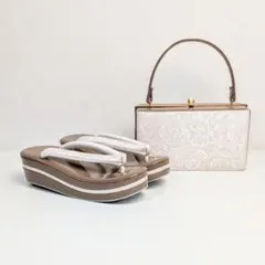和装 草履 バッグ セット ジャガード ベージュ 薔薇 フリーサイズ u83-2