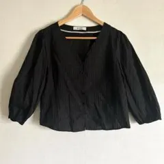 【ナノ・ユニバース】ストライプ刺繍ボリュームスリーブブラウス （ブラック/38）