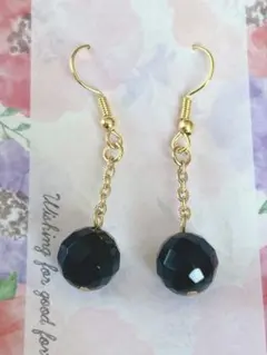 【ハンドメイド】 オニキス カットボール ピアス 天然石