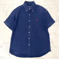 極美品】ラルフローレン リネン ボタンダウンシャツ 赤ポニー 紺 XL