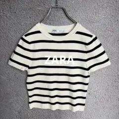 ZARA ニットクロップドTシャツ ボーダー ネイビー