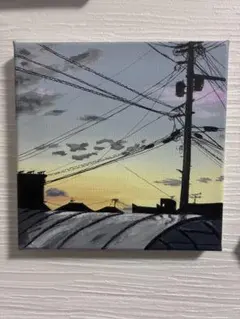 正方形キャンバス アート 夕暮れ 電柱 風景画